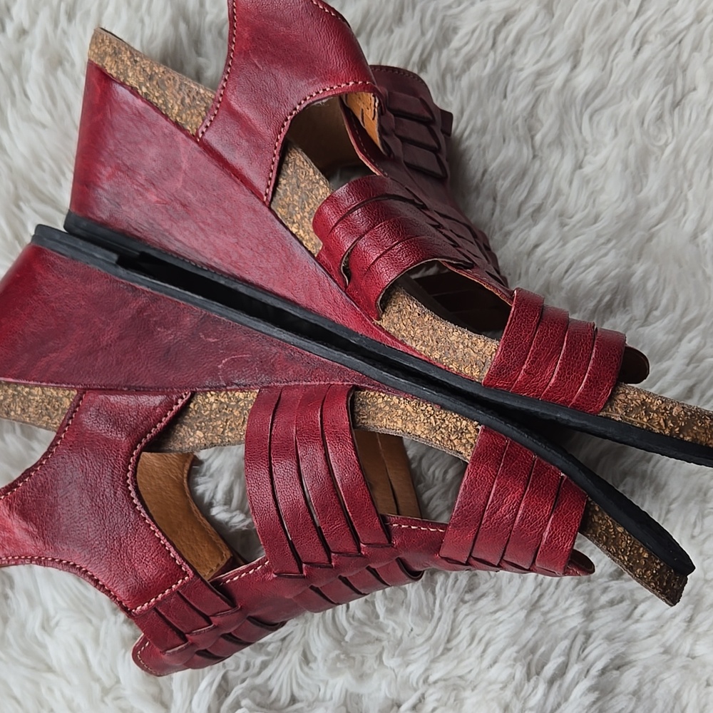 Taos Footwear Red Woven Leather Wedge Sandals - Picture 8 of 10